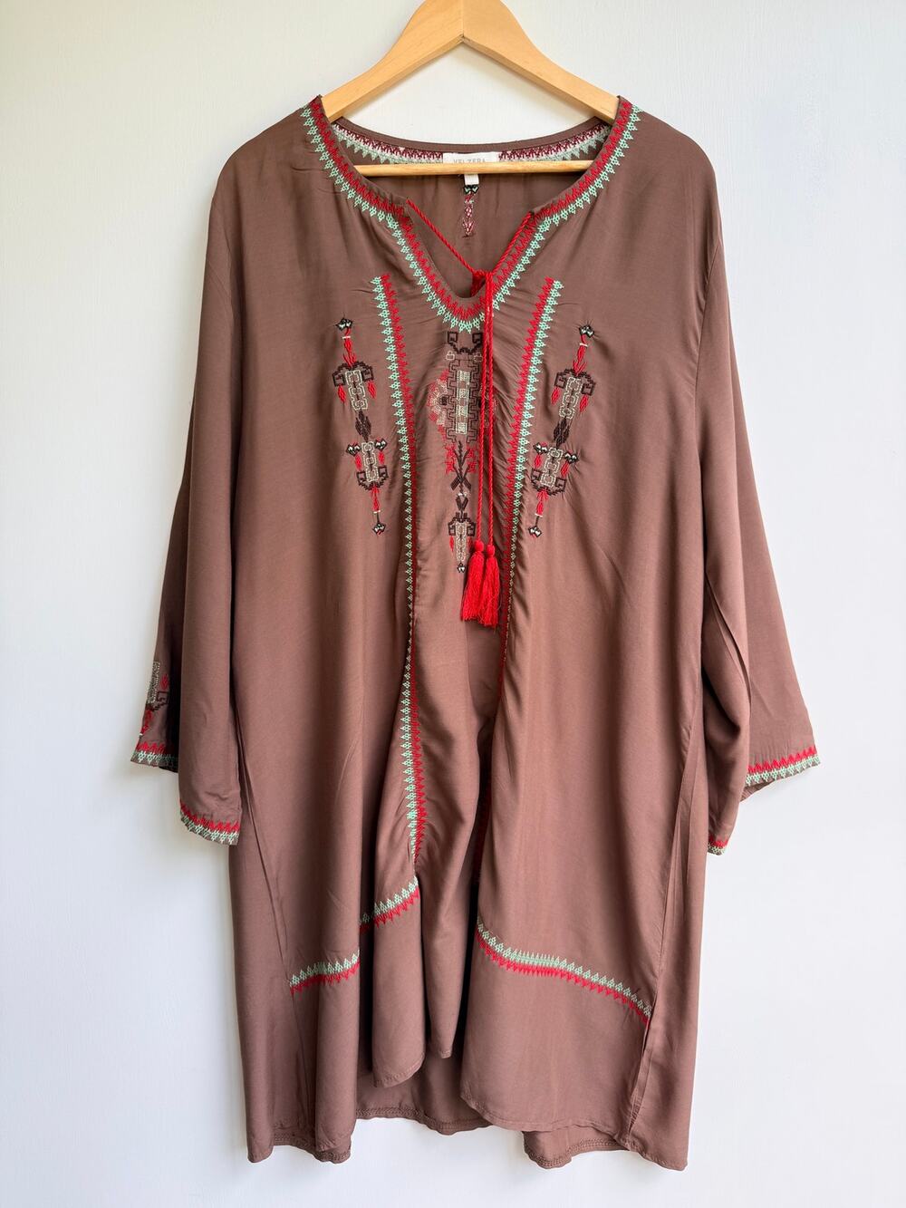 Velzera 3XL Brown Boho Embroidered Tunic Dress Tassel Kaftan Plus Size